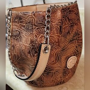 Tooled Leather Brown Floral Mini Bag with Chain Strap